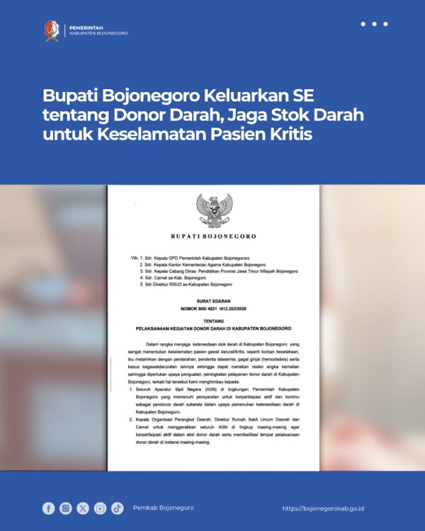 Jaga Stok Darah untuk Keselamatan Pasien Kritis, Bupati Bojonegoro Keluarkan SE tentang Donor Darah
